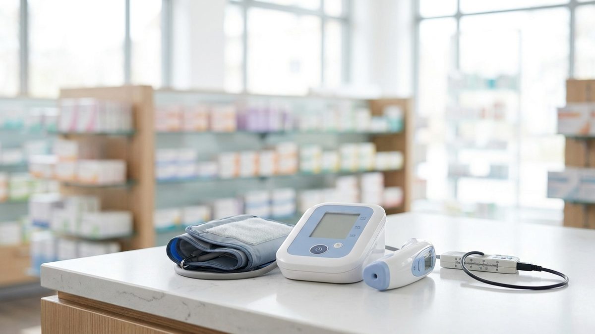 Oberarm-Blutdruckmessgerät mit Manschette und Infrarot-Ohrthermometer auf einem Verkaufstresen, daneben ein Prüfgerät