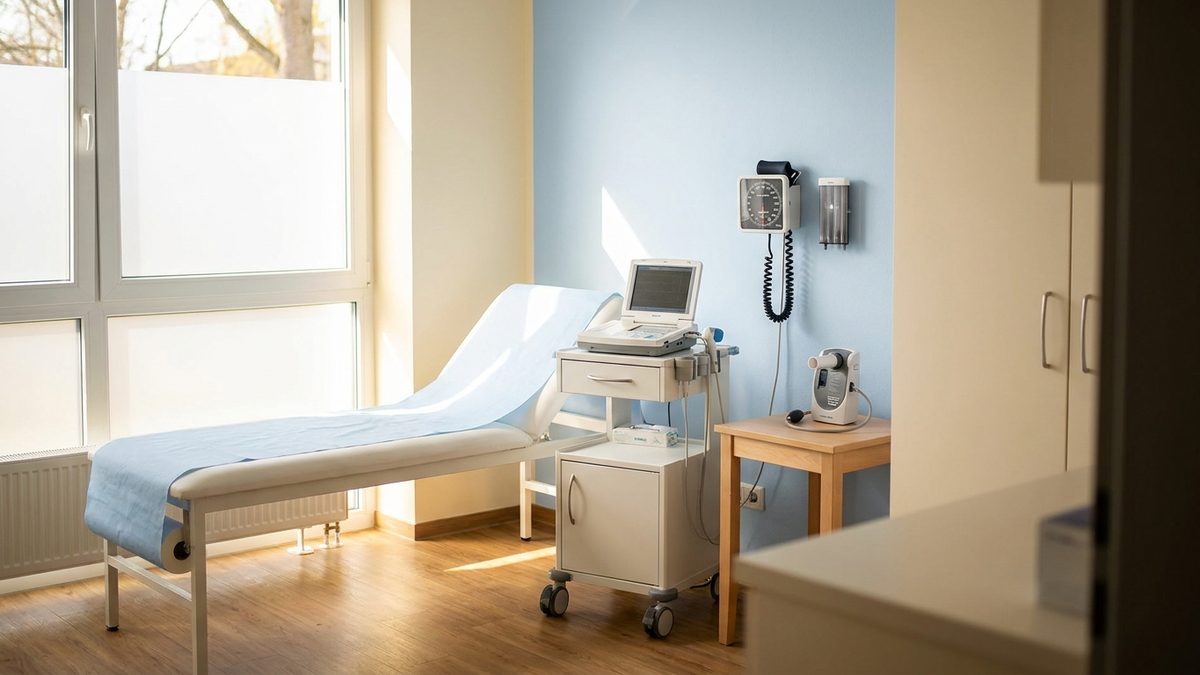 Behandlungsraum einer Arztpraxis mit Untersuchungsliege, EKG-Gerät auf einem Rollwagen und Blutdruckmessgerät an der Wand