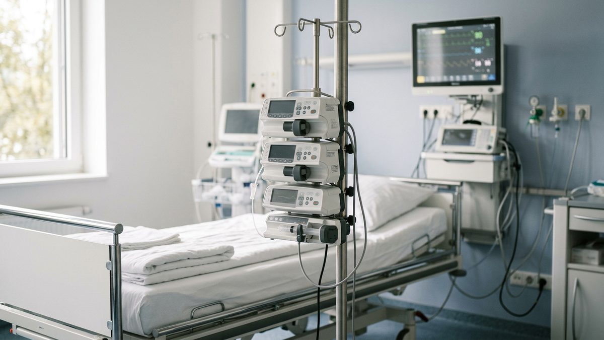 Mehrere Infusionspumpen und eine Spritzenpumpe an einem Infusionsständer neben einem Patientenbett auf der Intensivstation