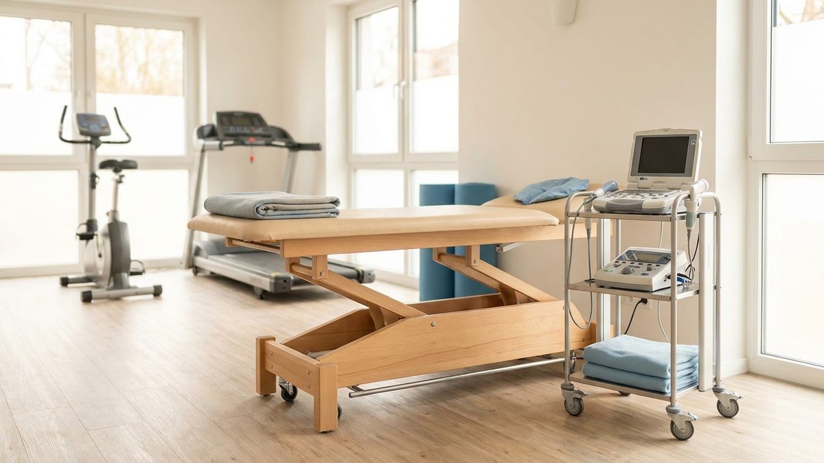 Behandlungsraum einer Physiotherapiepraxis mit höhenverstellbarer Therapieliege, Ultraschall- und Elektrotherapiegerät